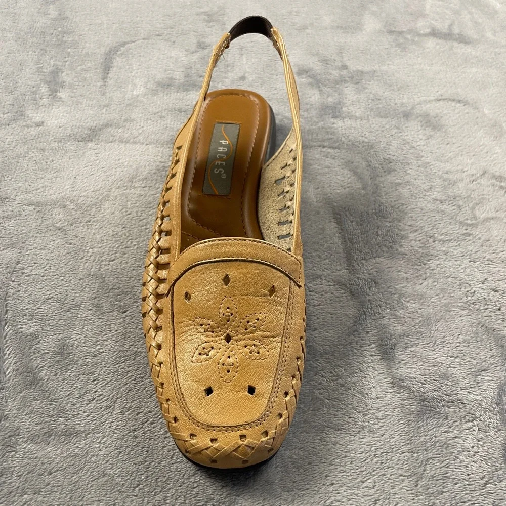 Paces Jen Women's 10W Tan Leather Woven Slingback Loafers Floral Perforated Boho